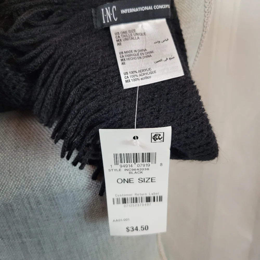 INC Woman's Infinity Solid Black Knit Scarf with Fringe - Picture 5 of 5